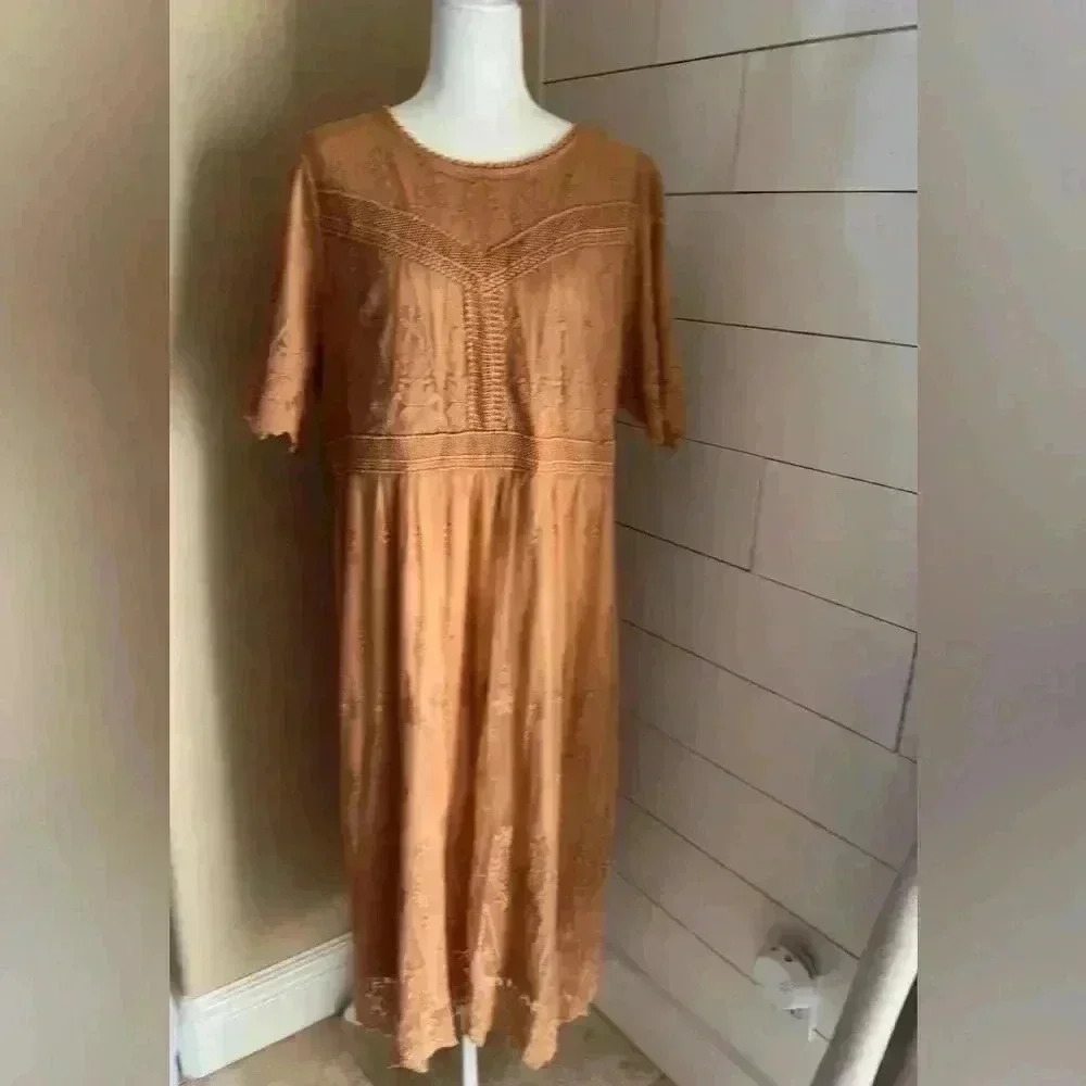 Roolee Womens Dusty Mustard Yellow RoundNeck Embroidered Lace Midi Dress Sz XXXL - Picture 2 of 8